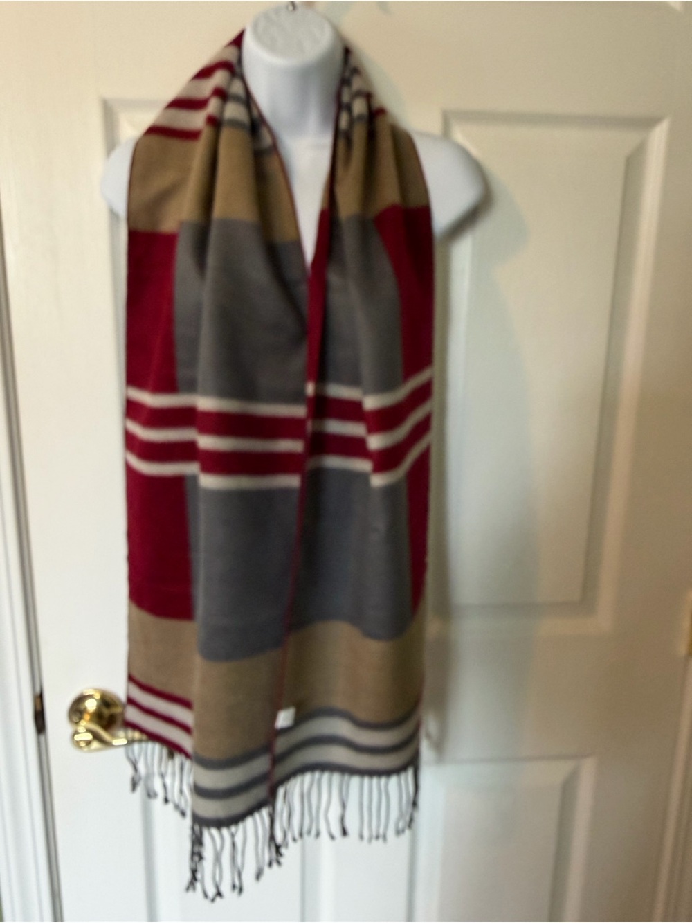 Cozy Striped Fringe Throw Scarf in Red, Gray, and Tan